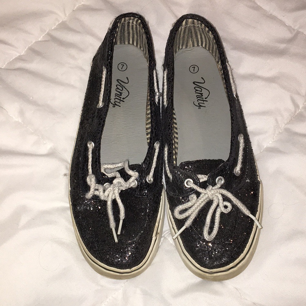 sparkly black boat shoes